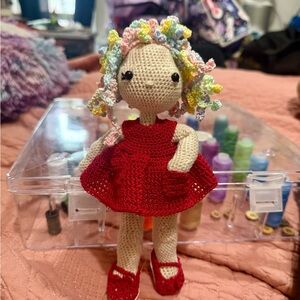 Handmade Crochet Doll with Red Dress